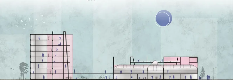 Building section in watercolour style: a pink residential tower on the left, a greenhouse structure in the centre, and a low-rise public building on the right under a moonlit sky