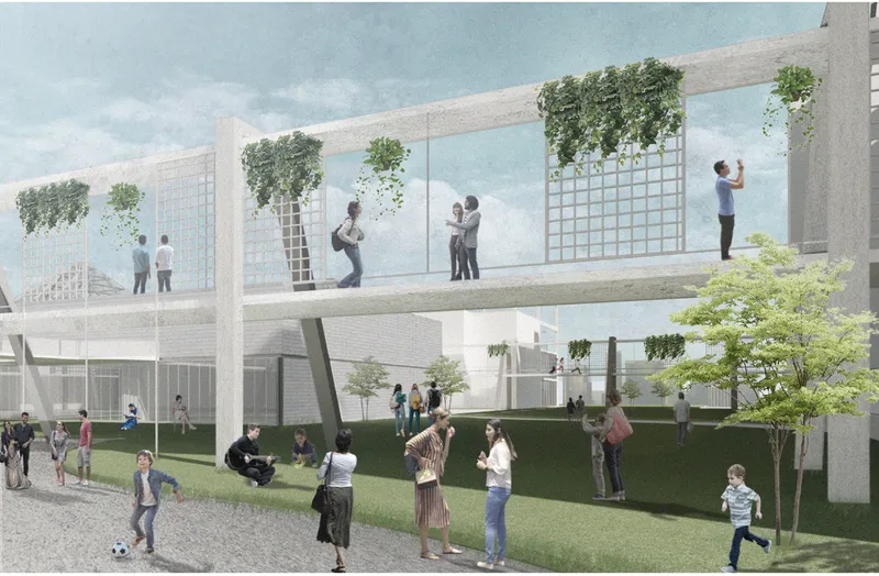 Cluster garden with glass balconies and hanging plants above, a grass lawn below, and residents gathering, talking, and walking through the shared green space