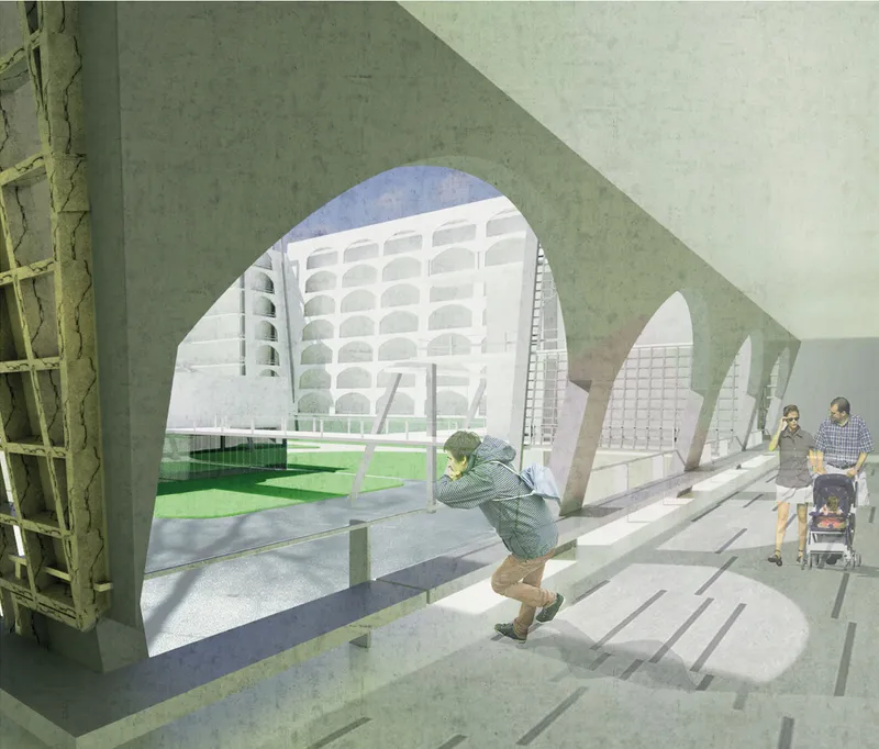 Ground-level colonnade with arched openings framing the courtyard garden and the residential block beyond, with a skateboarder and a cyclist passing through