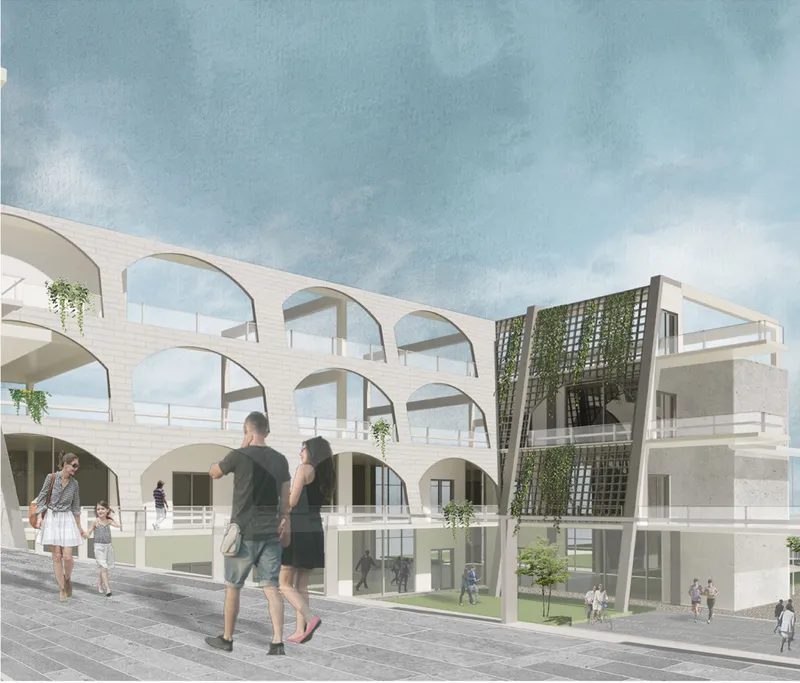 Street-level view showing the arched colonnade of Building A, a perforated screen facade on the adjacent block, and residents walking through the ground-level public space