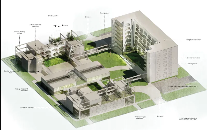 Labelled axonometric of the full complex showing the residential tower, cluster gardens, public amenity building, greenhouse, pop-up market area, and green spaces