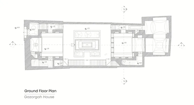 Ground floor plan drawing depicting rooms arranged around a central courtyard with a pool