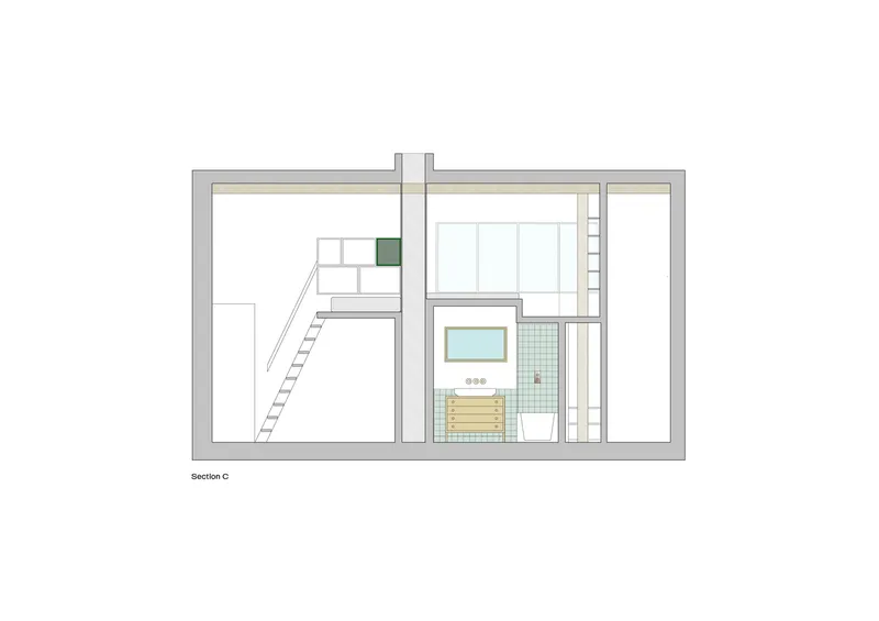 Section drawing depicting a ladder accessing an upper level with tiled bathroom below