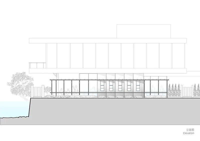 Elevation: new timber pavilion attached to the existing concrete building above, with figures inside the cafe