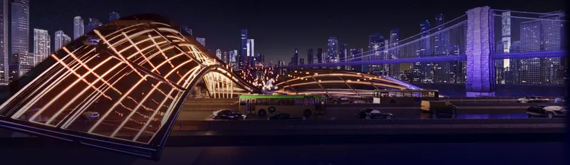 Night view of the illuminated gridded timber roof structure spanning across a waterfront plaza