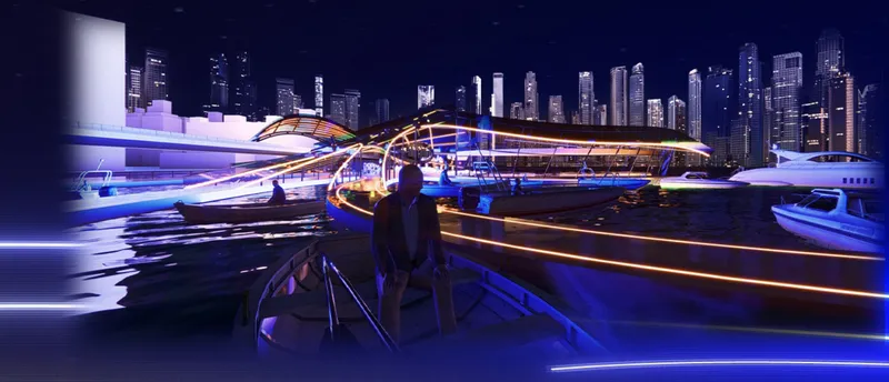 Waterfront deck with illuminated curved structural ribs and two figures at dusk