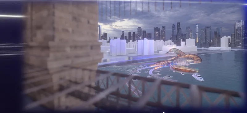 Model view of the curved canopy structure positioned along a harbor waterfront