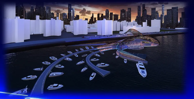 Rendering of a curved waterfront marina with docked boats and a translucent canopy against a city skyline at dusk
