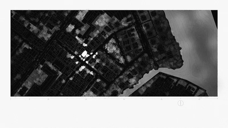 Site plan drawing showing clustered buildings and courtyards within an urban block
