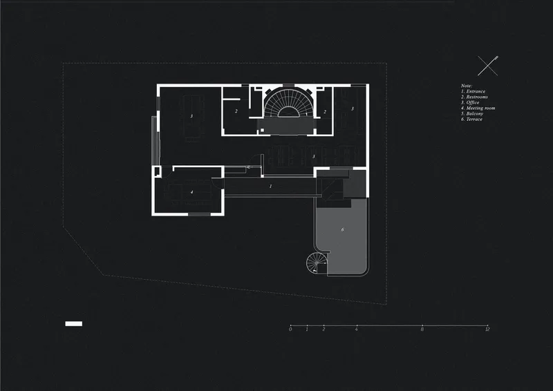 Ground floor plan with spiral staircase and outdoor pool area at lower right