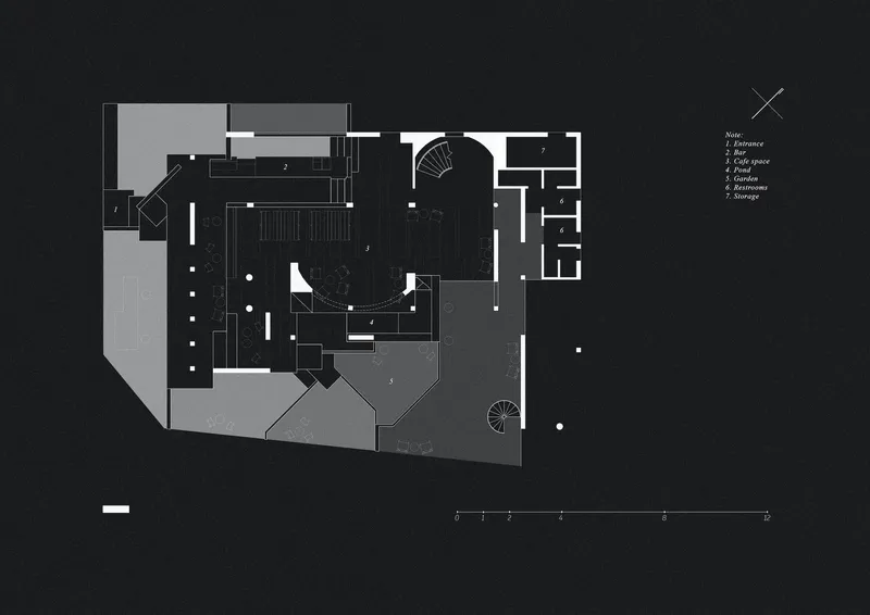 Roof plan drawing depicting terraces, covered areas, and rooftop volumes in varied tones
