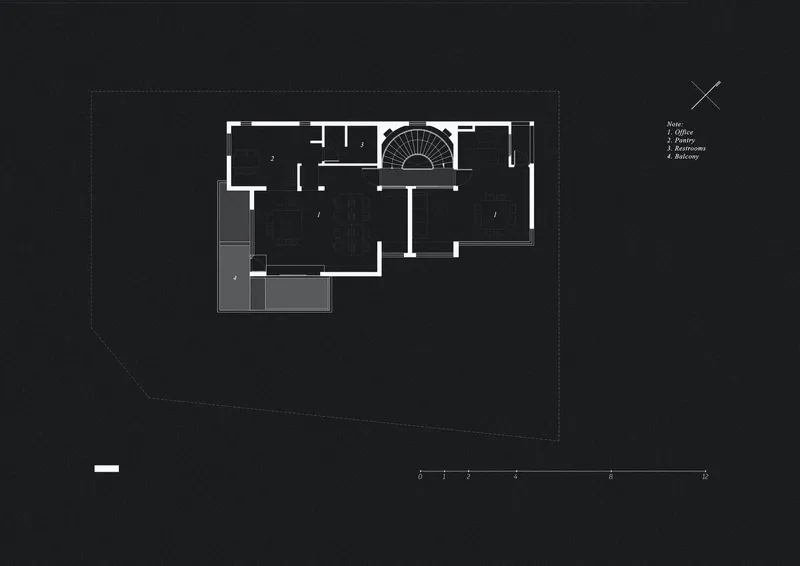 First floor plan showing rooms arranged around a central spiral staircase