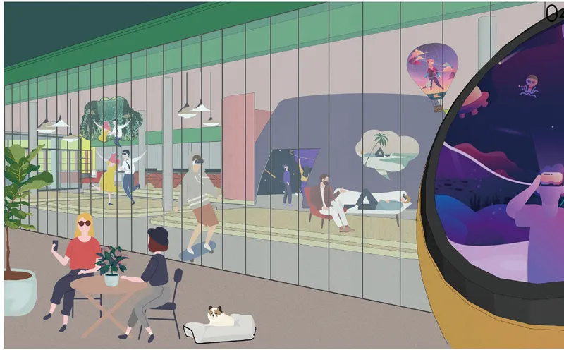 Glass-walled communal space at dusk with residents socialising inside and a glowing VR bubble portal on the right offering entry to virtual experiences