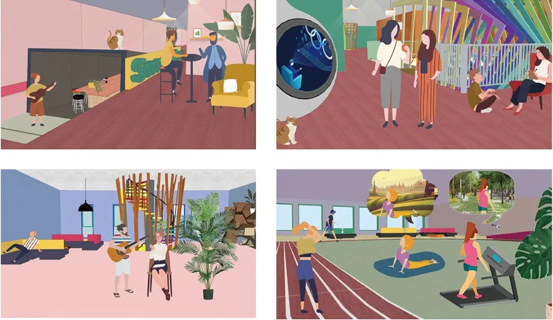 Four communal interior vignettes: a colourful co-working lounge, a maker space with bamboo screens, a children's playroom, and a shared living area with plants