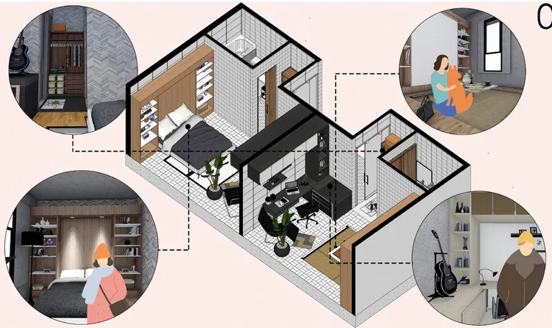 Apartment axonometric with callout vignettes: bedroom, VR immersion room, bathroom, kitchen, and living area showing how each space is used