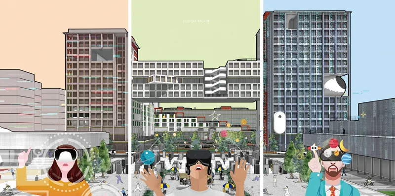 Street-level triptych showing three moments of interaction: residents using VR headsets, browsing street-level screens, and socialising in front of the co-living building