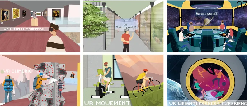 Six-panel VR experience grid: virtual museum tour, augmented street navigation, VR fitness training, cycling simulation, holographic concert, and space journey