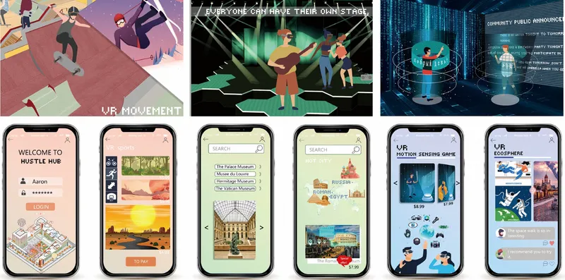 VR application screens for the Hustle Hub app, a holographic live concert performance, and a smart public resource interface for community services