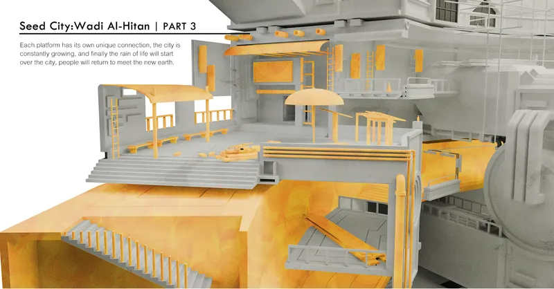 Multi-platform section through Seed City showing interconnected levels with stairs, walkways, and mixed-use programme zones