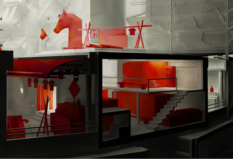 Interior section of a dwelling unit with a red sculptural horse figure, living space, staircase, and warm ambient lighting