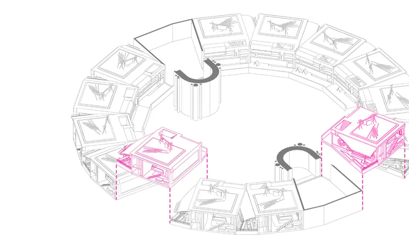 Axonometric diagram of rotational housing modules arranged along the curved ring plan, showing how units detach and reconfigure