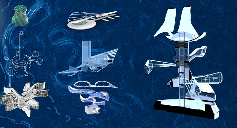 Exploded axonometric drawing showing multiple sculptural forms and structural components against a topographic blue background