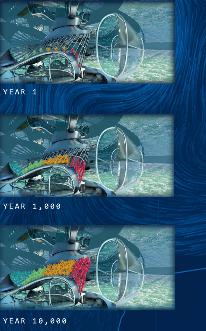 Sectional rendering of an underwater habitat with tubular glazed corridors and arched spaces at three stages