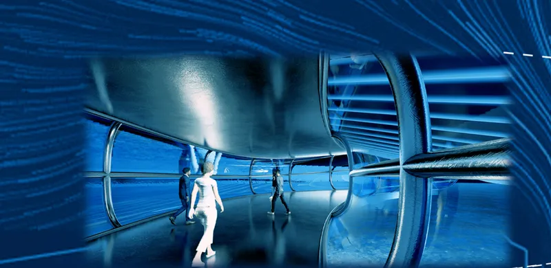 Interior corridor with ribbed transparent tubes and figures walking through blue-lit space