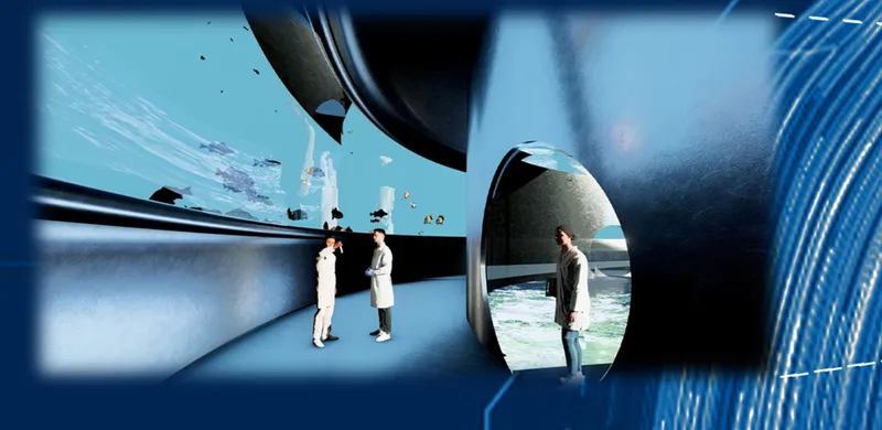 Gallery interior with curved black walls, circular openings and visitors viewing projected marine scenes