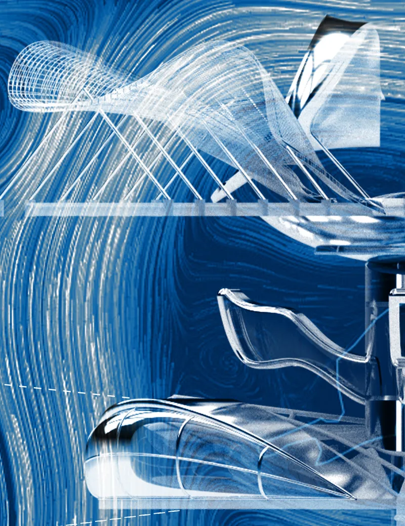 Wireframe elevation showing curved transparent shells and tubular structural elements over flowing water patterns