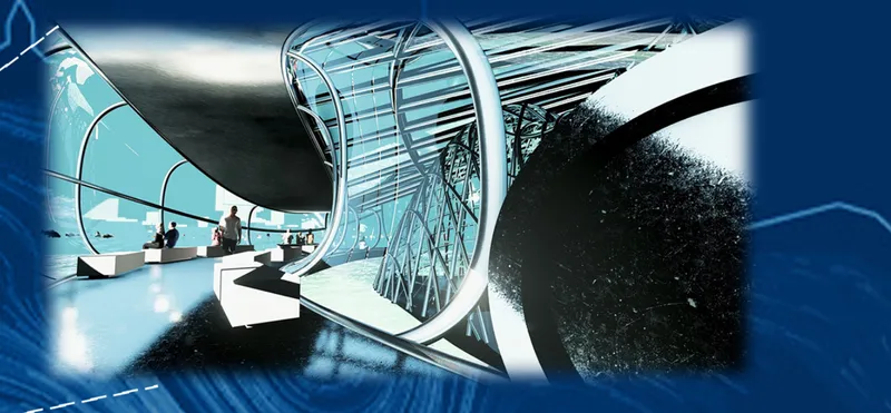 Interior rendering of a curved tubular glass structure with a diagonal walkway and seated figures