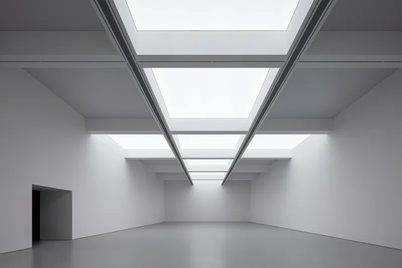 Main exhibition hall ceiling: full-width skylight grid, steel beams, white walls, dark doorway at left