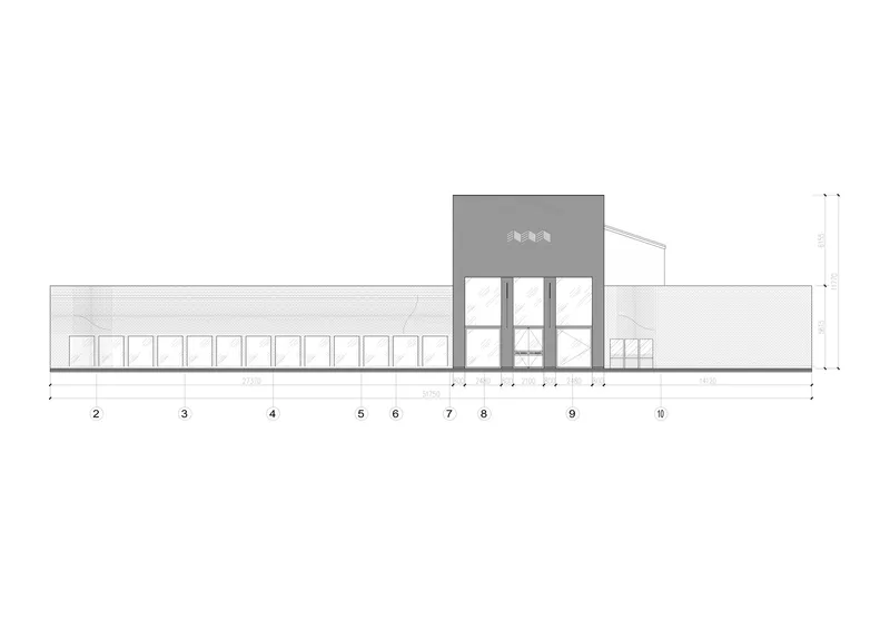 Side elevation: long low brick volume with the white entry block rising at centre, dimensional annotations