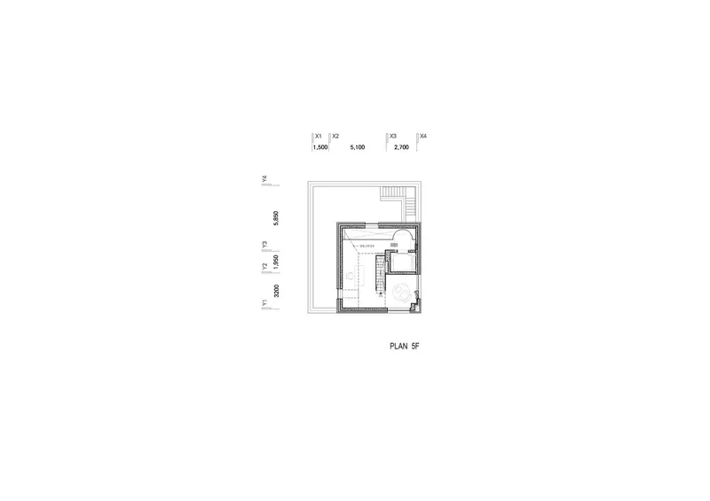 Two cross-sections: showing the basement, five floors, pitched roof void, skylight shaft, and stair positions