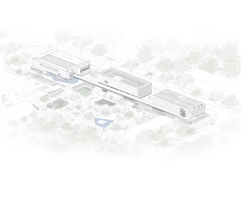 Axonometric drawing showing three rectangular volumes arranged along a central spine with surrounding trees