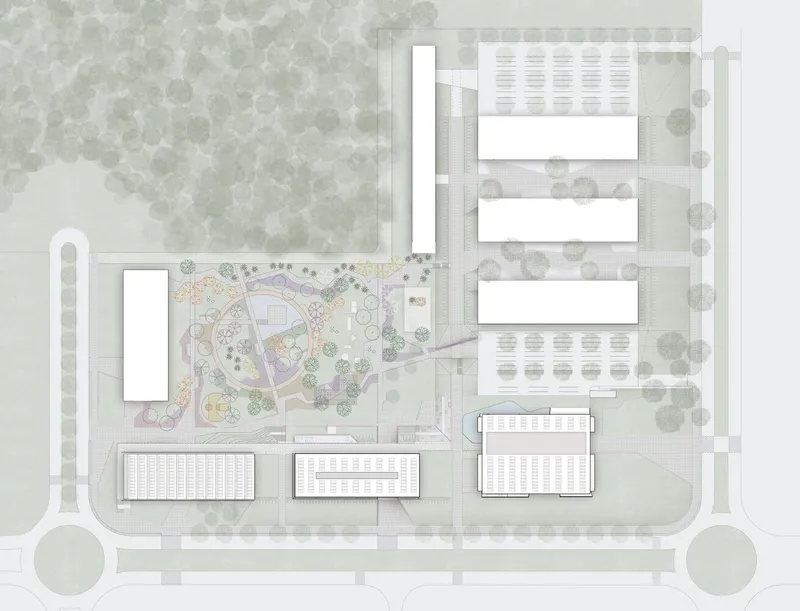 Rendered site plan drawing with landscaped circular courtyard and linear buildings along a curved road