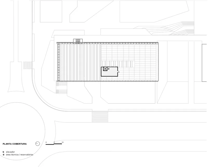 Roof plan drawing showing linear roof deck pattern and mechanical penthouse