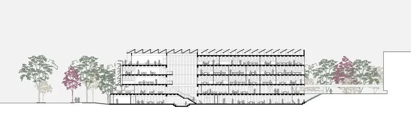 Section drawing through the multi-story building with horizontal louvers and surrounding trees