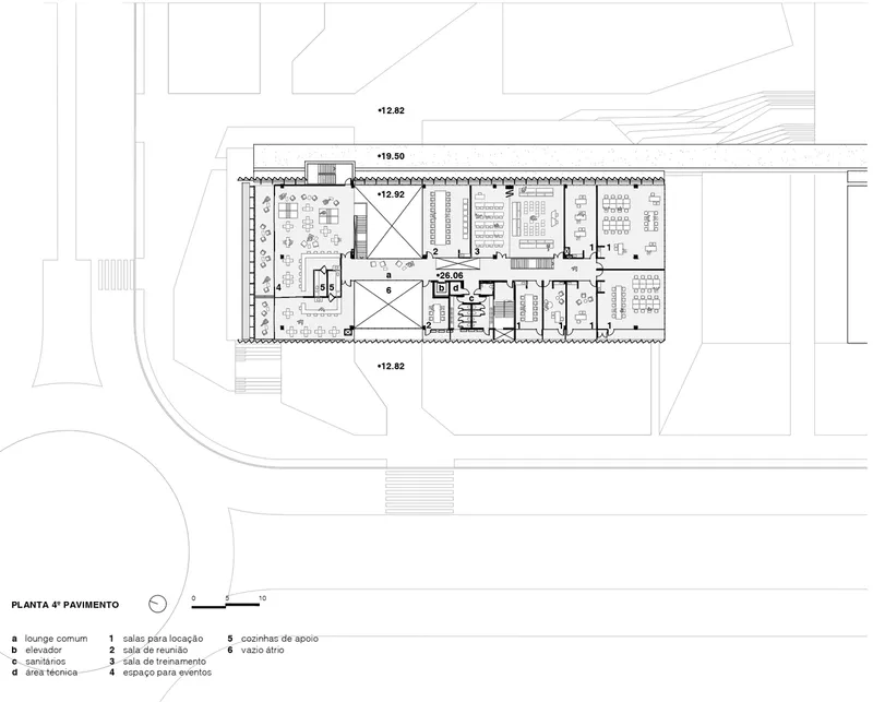 Fourth floor plan showing flexible workspaces, conference areas, and central service core