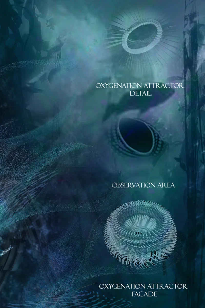 Conceptual diagram illustrating three circular volumetric elements labeled as oxygenation attractors and an observation area within an underwater environment