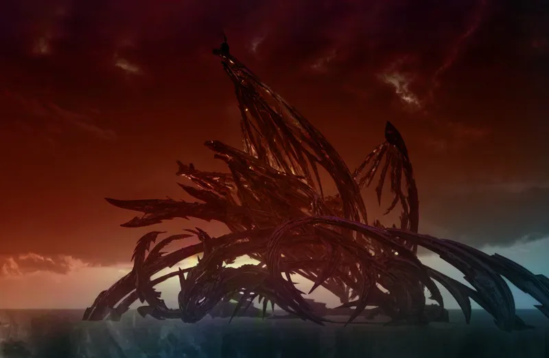Arching ribbed structure with dark spiked forms rising against a red and orange stormy sky