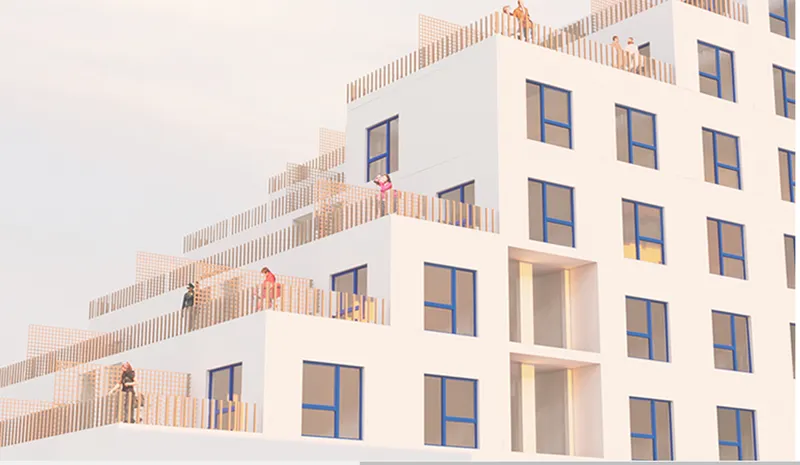 Exterior detail of stepped upper floors with vertical timber balustrade screens, blue window frames, and residents relaxing on terraces