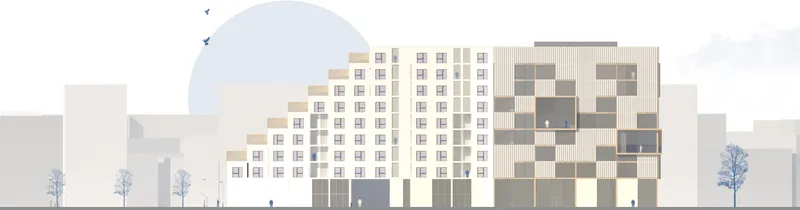 Building elevation in urban context: white residential wings flanking a darker checkerboard-patterned facade on the right, with neighbouring blocks on either side