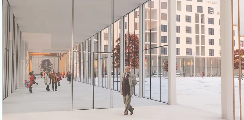 Glass-walled ground-floor passage in winter: residents walking through a transparent lobby with autumn trees and the courtyard visible on both sides