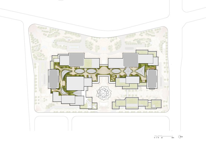 Site plan drawing depicting building massing around a central geometric garden with curved pathways and planted areas