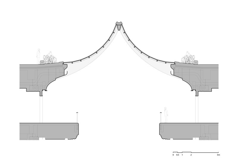 Section drawing illustrating two sweeping curved roof structures rising from solid base volumes with tree silhouettes