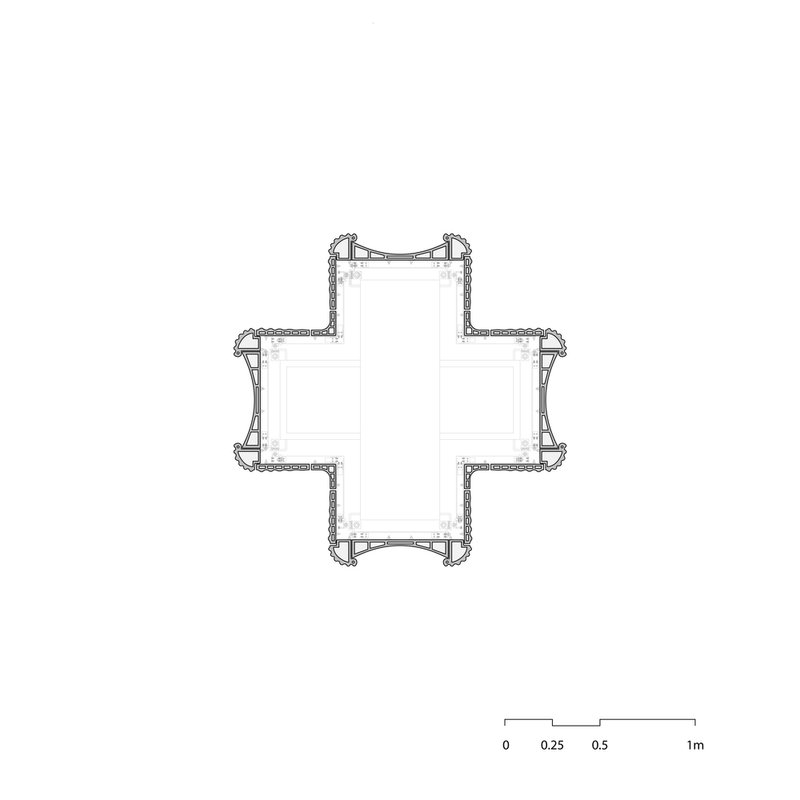 Floor plan drawing showing a cruciform layout with four protruding volumes around a central space