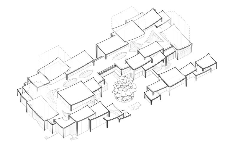 Axonometric drawing illustrating the modular pavilions arranged around a central courtyard with faceted geometry