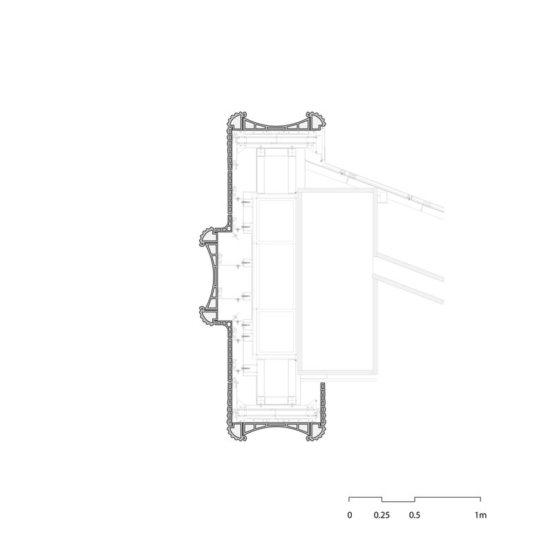 Section drawing revealing the internal vertical circulation and roof pitch within one wing of the structure