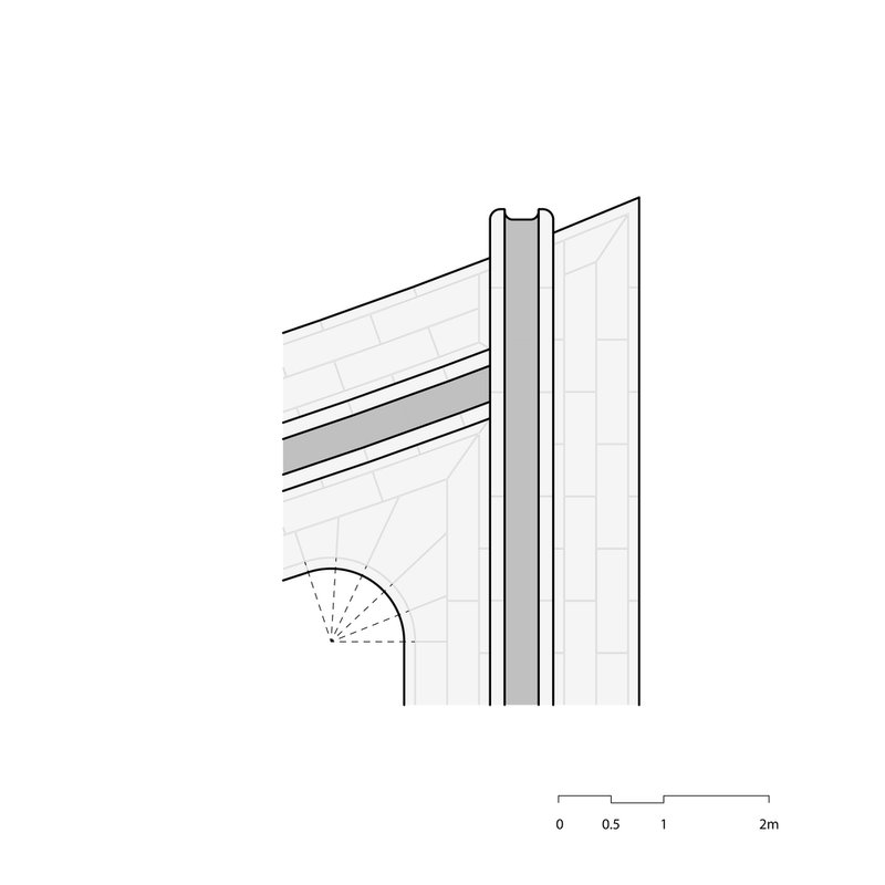 Detail drawing of the corner condition where vertical column meets horizontal roof overhang and exterior cladding